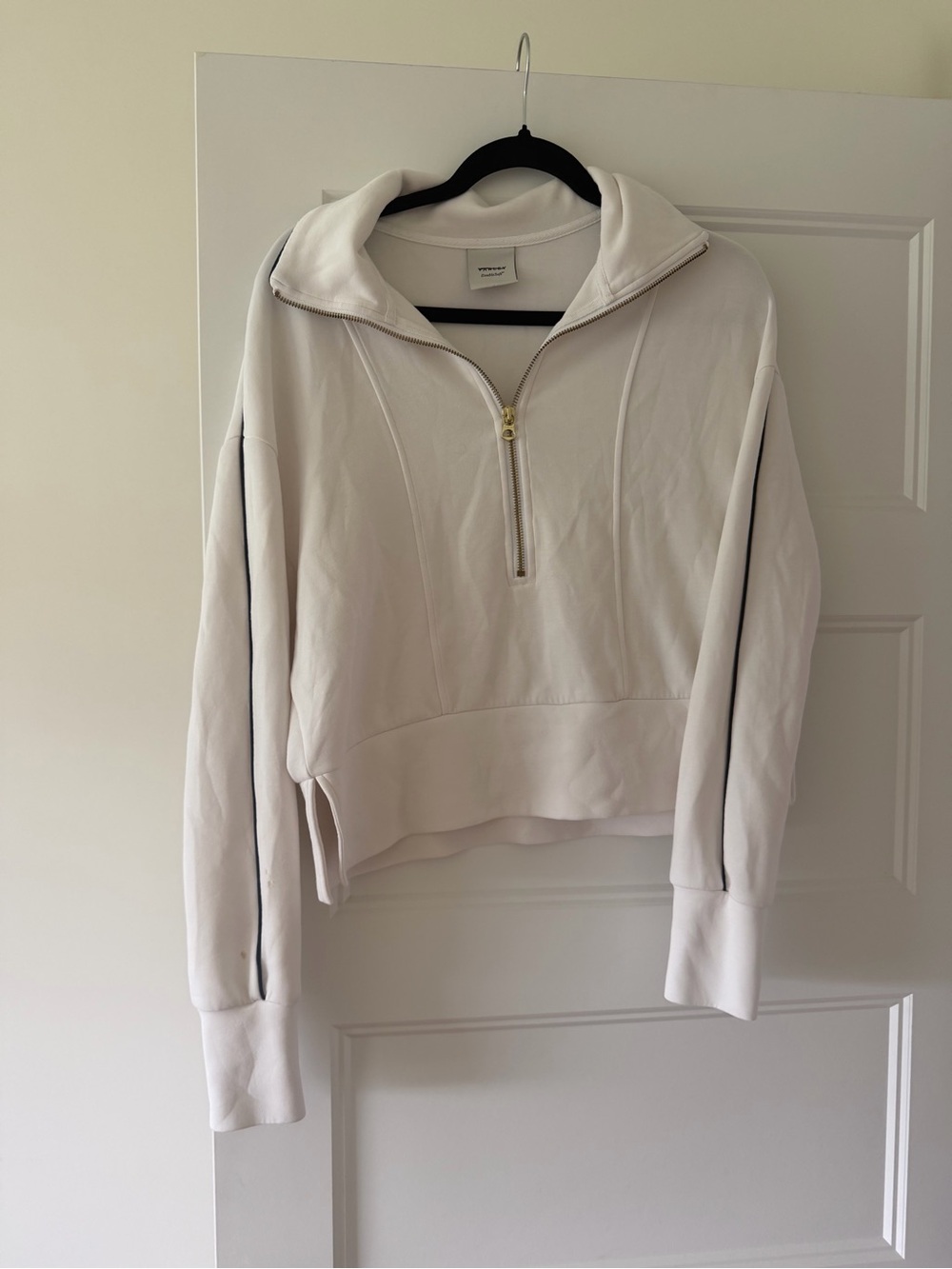 Varley white Half-Zip Pullover Sweatshirt with black piping on sleeve